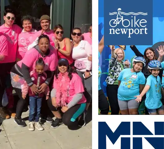 A group of people in pink shirts, one holding a sign that says "Marasco & Nesselbush Charitable Foundation"